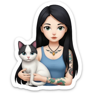 girl with long atraigh black hair and tattoos and a white cat sticker