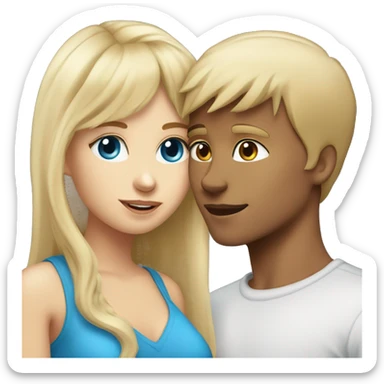 Girl with long back hair with bangs and tan skin kissing a boy with blonde hair blue eyes and white skin sticker