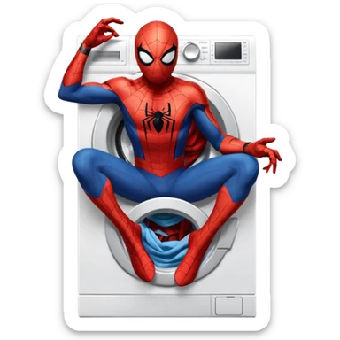 Die-cut sticker of Spider-Man sitting on a washing machine, bold vector art, thick white border, isolated on white background.with 4k resolution sticker