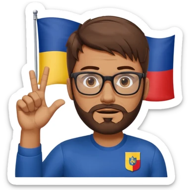 A brown-haired man with a designer stubble beard and rectangle glasses. He shrugs in a "I don't know" gesture, In the background the Romania flag. sticker