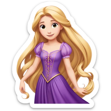 Cinematic Radiant Rapunzel Portrait Emoji, rendered in a flat vector style with clean proportions. Show Rapunzel with a gentle smile, fair, glowing skin, and her iconic long golden hair cascading softly, wearing a simple, elegant purple dress. The image radiates a warm, enchanting glow, high shine, and is accentuated by a soft glowing outline. sticker