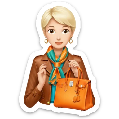 Mature equestrian woman wearing a leather Hermes jacket and a multicolored silk scarf around her neck. She has an orange Hermes Birkin Bag. I want the image to be close up, starting from the waist up.  sticker