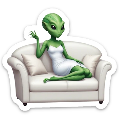 a reptilian alien woman, in white dress, lie on couch comfy, full figure sticker