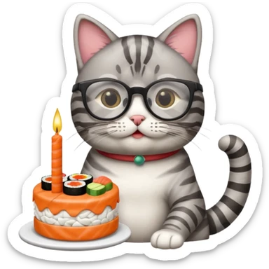 cat with cool glasses eating a birthday cake made out of sushi sticker