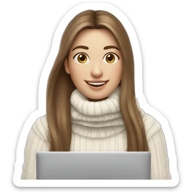 smiling without showing teeth woman with pale skin middle brown long straight hair with a laptop and a coffee mug wearing a white woolly shirt and a white woolly scarf with a turtle neck sticker