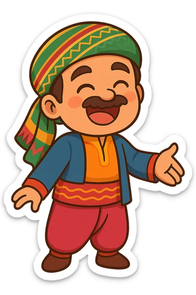 Create a cartoon Kurdish sticker in the same style and mood as the reference image: a happy and smiling face, traditional Kurdish clothing, colorful and cheerful, no text, suitable for WhatsApp and Instagram, with a transparent background. The character should be in a friendly greeting pose such as hugging or shaking hands. sticker