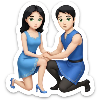 prince, upright, black Hair, blue eyes, blue garment,  Woman, blonde Hair, Green eyes, bending knee, sleveless, white Dress, sticker