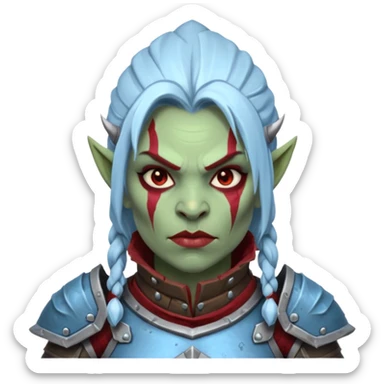 
Fantasy Christmas orc legion soldier icon, iron tundra army theme, heavy winter armor, disciplined brutal look, icy blue steel armor with deep crimson accents, frozen metal texture, cold winter atmosphere, female variant
 sticker