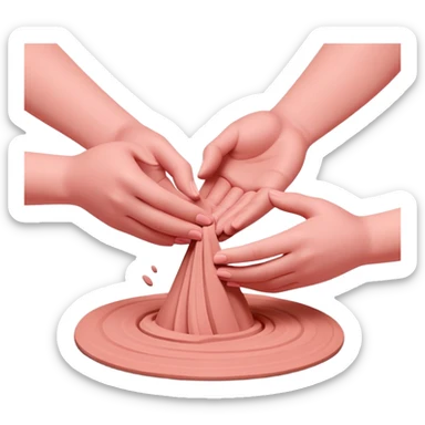 hands wedging a pink clay on a table, pressing and folding the clay sticker
