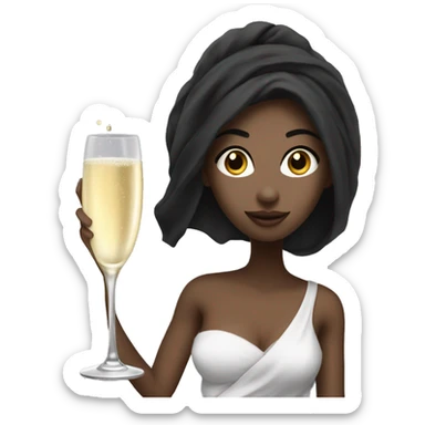 Girl with white towel wrapped around hair holding a champagne glass and bottle in black high heels  sticker