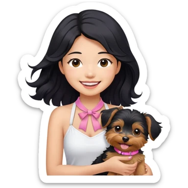 Pretty Asian girl with long, luscious wavy black hair, no hair tie, wearing a cute sleeveless white halter top, smiling warmly while carrying a Yorkshire Terrier with a pink collar in her arms. Remove the bow in the girl's neck sticker