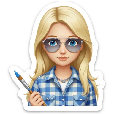 girl with long blond hair, wearing plaid shirt with blue eyes and aviator sunglasses wearing a ring on her silver necklace, holding a paintbrush sticker