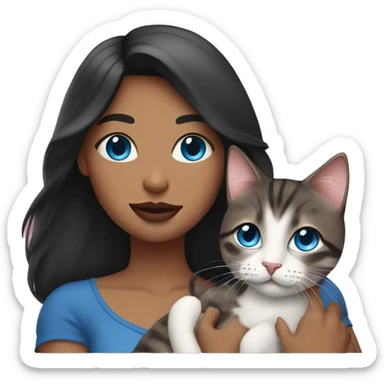 Woman with dark long hair, pink lips and blue eyes holding a tabby cat  sticker