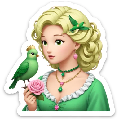 un oiseau classique vert avec un collier avec des breloque argentées et un poil blond qui fait une petite bouclette sur le front et à côté un oiseau rose avec le même collier mais en doré et un cheveu marron et les deux se regardent sticker