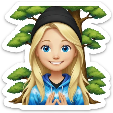 long haired blonde white woman wearing a black beanie and  with blue eyes and a big smile meditating next to a tree tie dye hoodie  sticker
