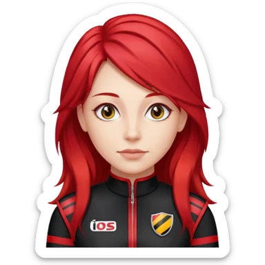 red long hair woman with black racing outfit with red strips sticker