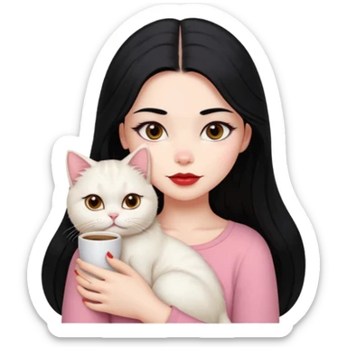 Beautiful Girl Long Hair black, Brows Big , Skin White, Top Pale Pink , Big Red Lips, EyesCoffe , Hug Little baby Persa Cream Cat With Cute Eyes sticker