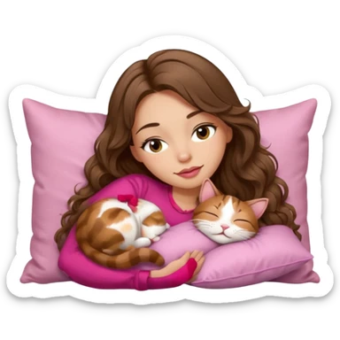 girl with long wavy brown hair, brown eyes, long lashes makeup, sexy pink lips, light to medium complexion,  sleeping on a cozy pillow, with brown tabby cat, sleeping sticker