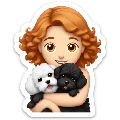 red haired girl hugging her black and white Maltipoo-dogs sticker