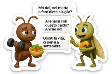 EMOJI STILE IPHONE 3D DI una cicala e una formica che parlano tra loro, la formica ha nella mano destra un manubrio da palestra e nella nella mano sinistra una bowl di insalata, la cicala invece ha un cocktail in mano, la cicala prende in giro la formica E LE DICE IN 3 FUMETTI DIFFERENTI: "Ma dai, sei matta a fare diete a luglio?”
“Allenarsi con questo caldo? Anche no!”
“Goditi la vita, ci pensi a settembre.”
 sticker
