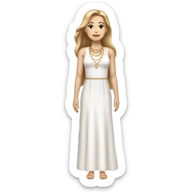 do one white woman with long straight light brown  hair with dark eyes gold jewelry full body, and a white dress sticker