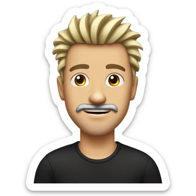 White man, with happy expression, with spiked hair, nose piercing, brown eyes, mustache and goatee, black t-shirt sticker