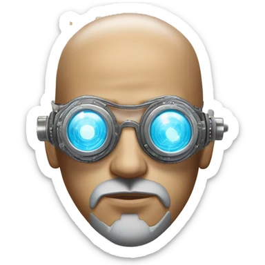 Tan bald male Latino cyborg head with grey beard, silver steampunk monocle goggles and circuits sticker