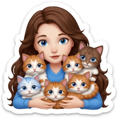 girl with long wavy brown hair, blue eyes, long lashes makeup, cuddling with 6 cute cats sticker