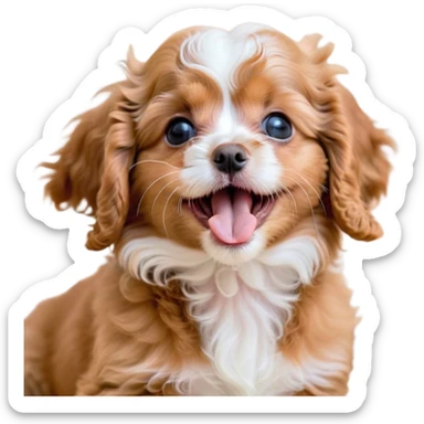 Cinematic Cute Yawning Apricot Cavoodle Portrait Emoji, Head tilted slightly with a dramatic, wide-open yawn, showcasing a soft, curly apricot coat with delicate white accents, floppy ears slightly drooping, round brown eyes barely open in drowsy contentment, Simplified yet irresistibly adorable features, highly detailed, glowing with a soft, cozy glow, high shine, relaxed yet expressive, stylized with a touch of whimsy, bright and endearing, soft glowing outline, capturing the essence of a sleepy yet affectionate companion, so drowsy it feels like it could stretch right out of the screen and curl up for a nap! sticker