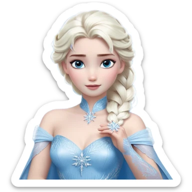 Cinematic Realistic Elsa Portrait, depicted with lifelike skin texture, soft natural lighting, and intricately detailed platinum blonde hair styled elegantly. Her striking, expressive blue eyes exude confidence and grace, complemented by a serene and regal expression. She holds a shimmering snowflake delicately in one hand, her other hand resting against her gown, embodying the power and beauty of winter. She is dressed in her signature icy attire, with shimmering fabric textures and delicate folds that catch the light beautifully. The portrait features a soft, enchanting glow with a cool, radiant finish, capturing the essence of timeless elegance in a realistic and painterly style. sticker