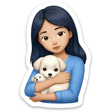 One black hair filipina girl in velvet blue shirt hugging pure white puppy sticker