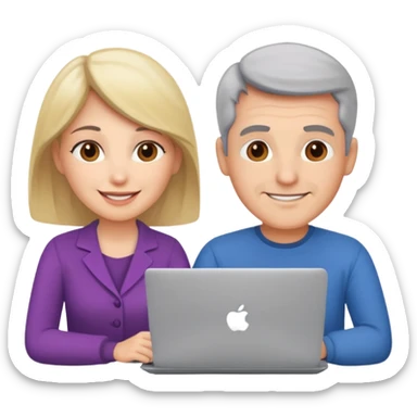 a middle aged man and a womanlooking at laptop and writing and smiling sticker