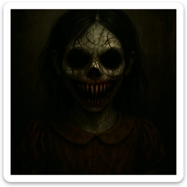 Make the eyes and mouth much scarier and more disturbing, but keep the background and overall picture quality normal. Do not darken the image or use a black background. sticker