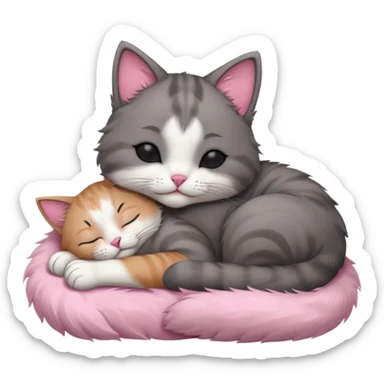 dark grey and white small cat with eyes closed, leaning his head on his paw while leaning on his elbow lying down sticker