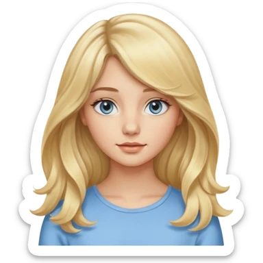 jeune femme de 20 ans, blonde avec une raie au milieu et une frange rideau encadrant le visage. Cheveux longs, lisses sur le haut et légèrement ondulés avec de belles boucles souples sur les pointes. Yeux bleus clairs lumineux, regard doux et naturel. Teint frais et peau lumineuse. sticker