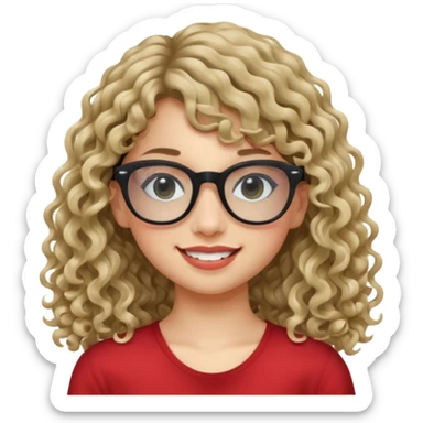 create a frontend girl that has a round face and very long curly hair with a side curtain bangs and wears black square rayban glasses doesnt smile with her teeth and white sticker