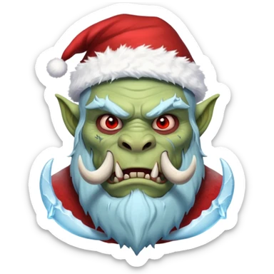Fantasy orc emoji portrait, Santa Claus hat stretched around tusks, tusks covered with ice and crimson frost cracks, cold predator expression, winter hunt atmosphere, minimal clean emoji design, male/female variant
 sticker
