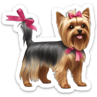 yorkshire terrier standing only on his back paws with a ribbon on his head sticker