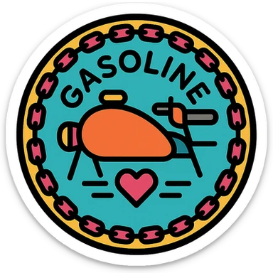 circular motorcycle gas cap design, transparent background, text 'GASOLINE', motif: chain, motorcycle, heart, friendly style sticker