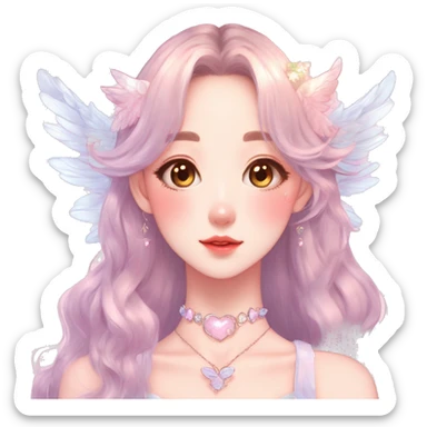 Gorgeous pastel anime style lady with blushing face and angel wings necklace cottagecore fairycore pastelcore colorful pearly romantic simplistic aesthetic trending style sticker