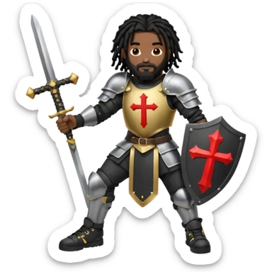 African American man with shoulder length black dreadlocks with black beard wearing knight body armor holding a double edge sword and a shield with a cross on it wearing black low top Air Force 1 sneakers sticker