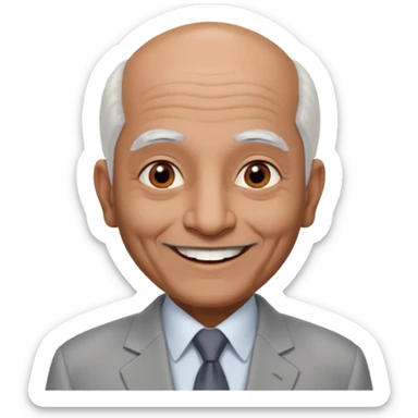 70 yr old indian man, almost bald, some white hair, light grey business suit, big smile, dark brown skin, no moustache, dark brown eyes
 sticker