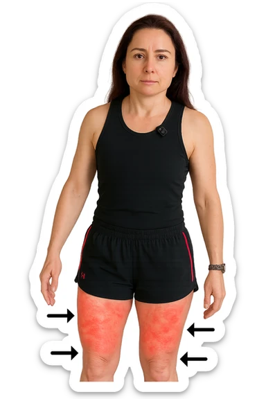 Donna con cellulite sulle cosce indica le cosce che sono infiammate di cellulite con frecce ad indicare  senza mano alzata come in foto. sticker