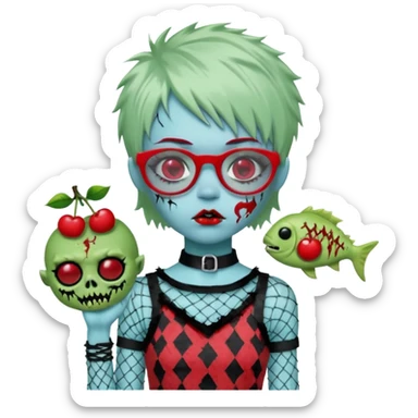 White hair, Ghoulia yelps monster high doll in scene/emo style cherry print dress with fishnet sleeves, clothes, thin, small, red, rectangle glasses, pale white-blue skin, pale-green shaggy short hair , zombie scars , boy, punk choker sticker