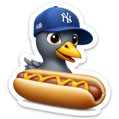 pigeon wearing a blue New York yankee hat while standing on a hotdog sticker