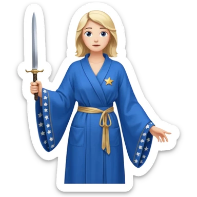 An upright Europe (a tall woman), wearing a blue, flowing robe with stars on the hem, and behind her stands Chancellor Merz, holding a knife toward her back 
you forgot chanccellor merz behind her sticker