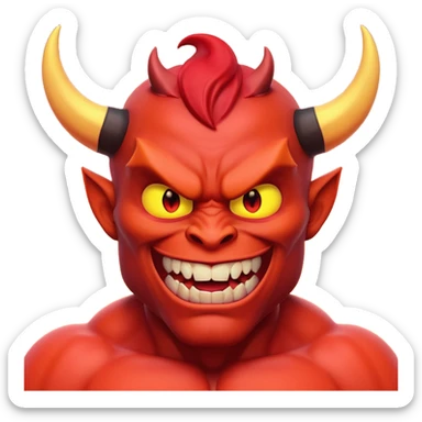 Muscular red devil emoji, black horns, glowing yellow eyes, sharp teeth, evil smile, defined abs, glossy red skin, dramatic lighting, 3D Pixar style, high detail sticker