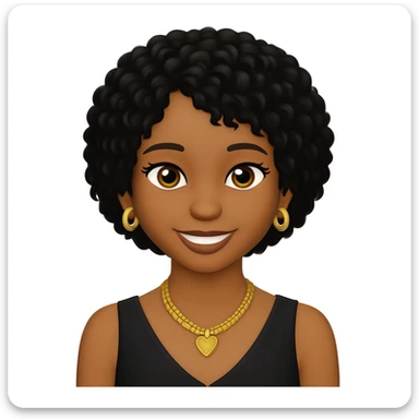 Edit the image to change the hair to black and make it slightly loose. Keep the big smile, gold jewelry, and outfit as they are. Maintain a transparent background. The original style is preserved, so keep the look consistent with the original image. sticker