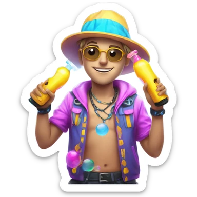 Caucasian boy at rave wearing a glowing outfit and hat with bubble guns in each hand with bubbles all around sticker