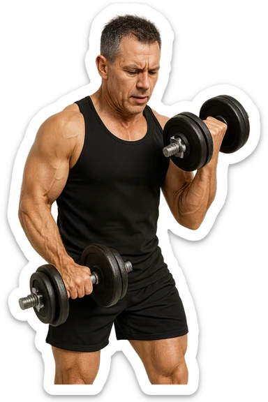 BODYBUILDER 50ENNE CHE HA MANUBRI DA PALESTRA IN MANO E SI ALLENA, ISOLATO SU SFONDO BIANCO sticker